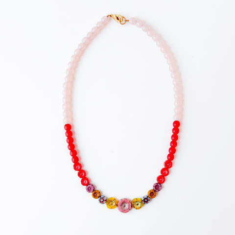Colorful Pink And Red Floral Beaded Necklace Spring Jewelry
