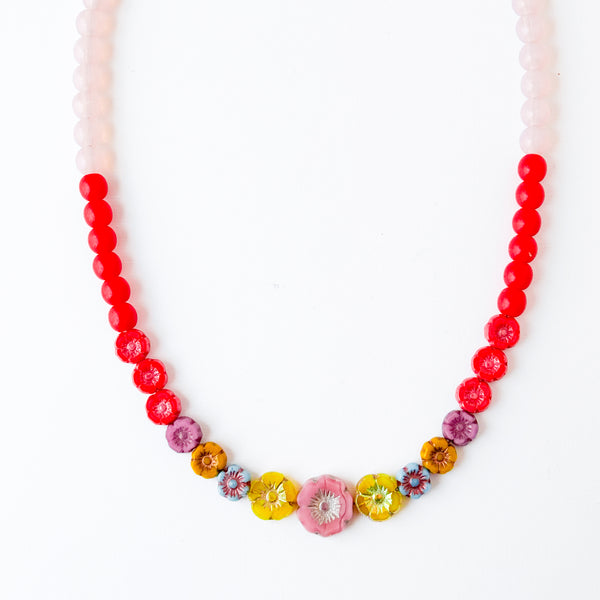 Colorful Pink And Red Floral Beaded Necklace Spring Jewelry