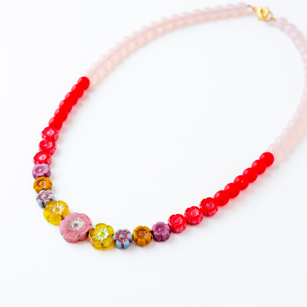 Colorful Pink And Red Floral Beaded Necklace Spring Jewelry
