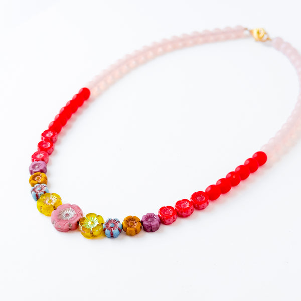 Colorful Pink And Red Floral Beaded Necklace Spring Jewelry