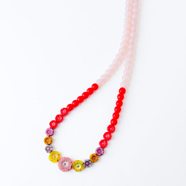 Colorful Pink And Red Floral Beaded Necklace Spring Jewelry