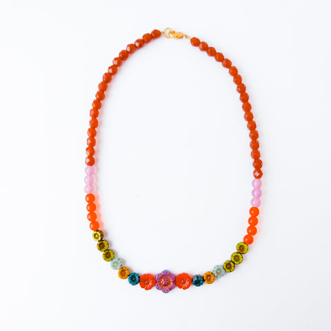 Colorful Brown And Lilac Floral Beaded Spring Necklace