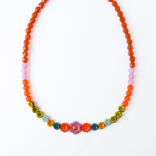 Colorful Brown And Lilac Floral Beaded Spring Necklace