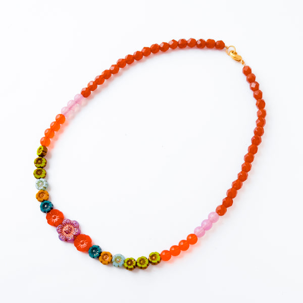 Colorful Brown And Lilac Floral Beaded Spring Necklace