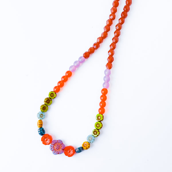 Colorful Brown And Lilac Floral Beaded Spring Necklace