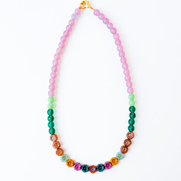 Colorful Lilac And Green Floral Beaded Spring Necklace