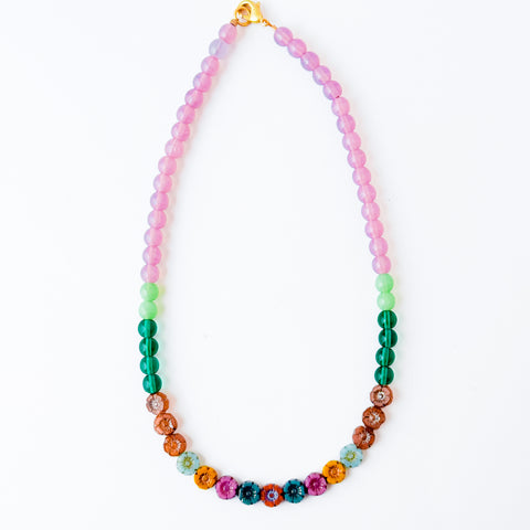 Colorful Lilac And Green Floral Beaded Spring Necklace