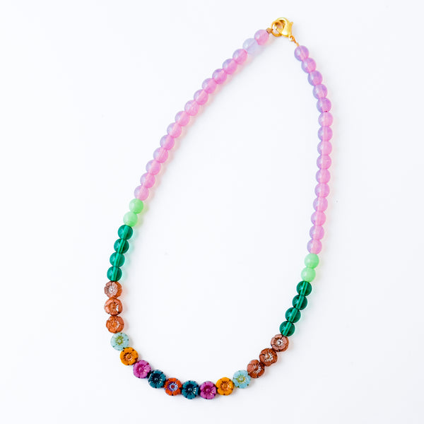 Colorful Lilac And Green Floral Beaded Spring Necklace