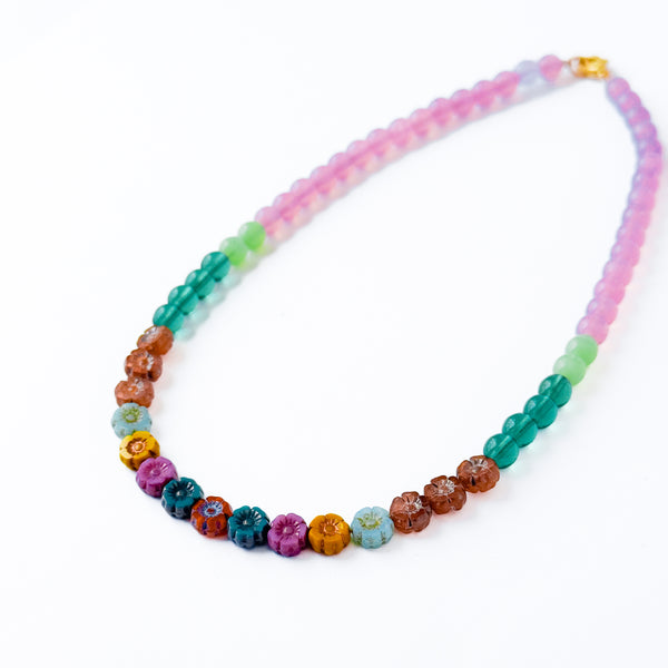 Colorful Lilac And Green Floral Beaded Spring Necklace