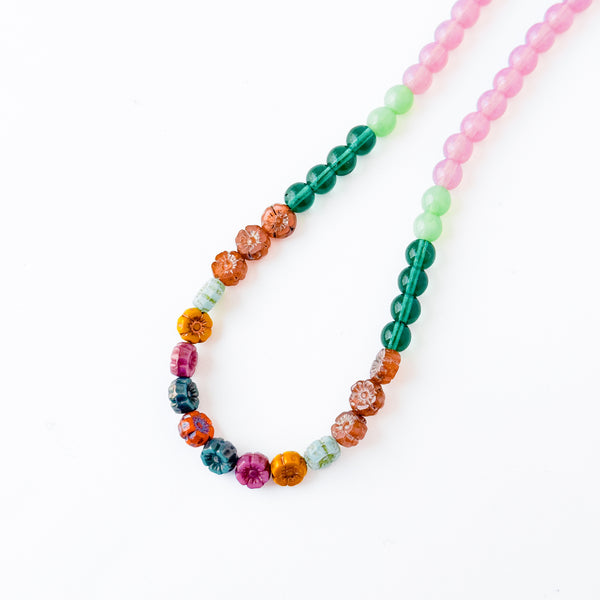 Colorful Lilac And Green Floral Beaded Spring Necklace