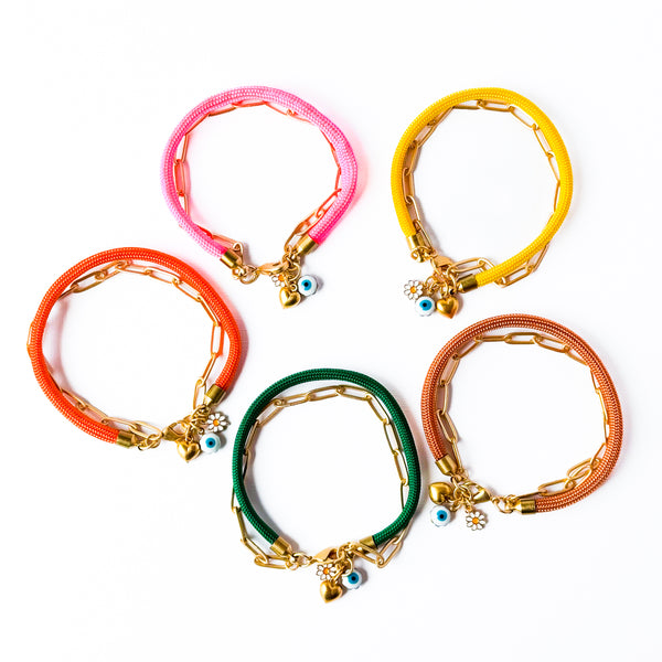 Paracord Paperclip Charm Bracelet with Evil Eye, Daisy, and  Heart Charms