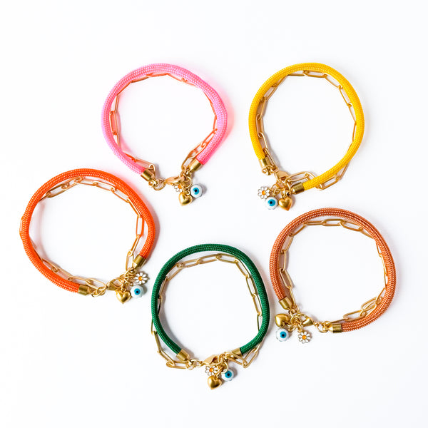 Paracord Paperclip Charm Bracelet with Evil Eye, Daisy, and  Heart Charms