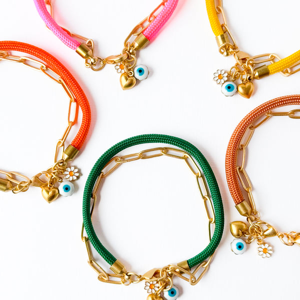 Paracord Paperclip Charm Bracelet with Evil Eye, Daisy, and  Heart Charms