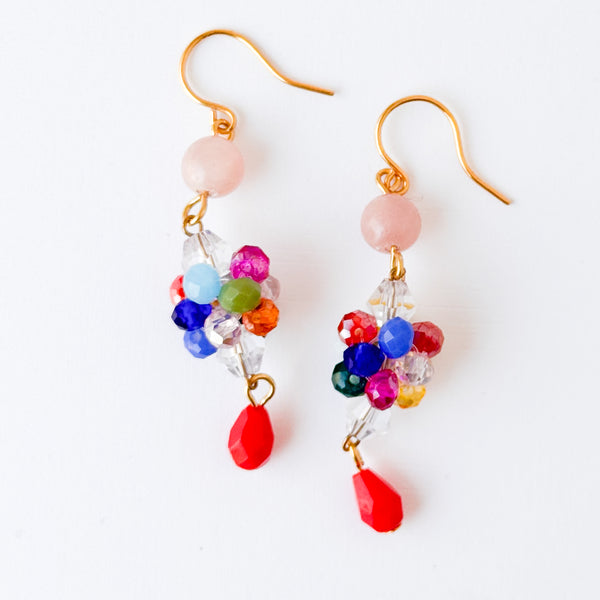 Colorful Crystal Cluster Earrings With Pink And Red Beads