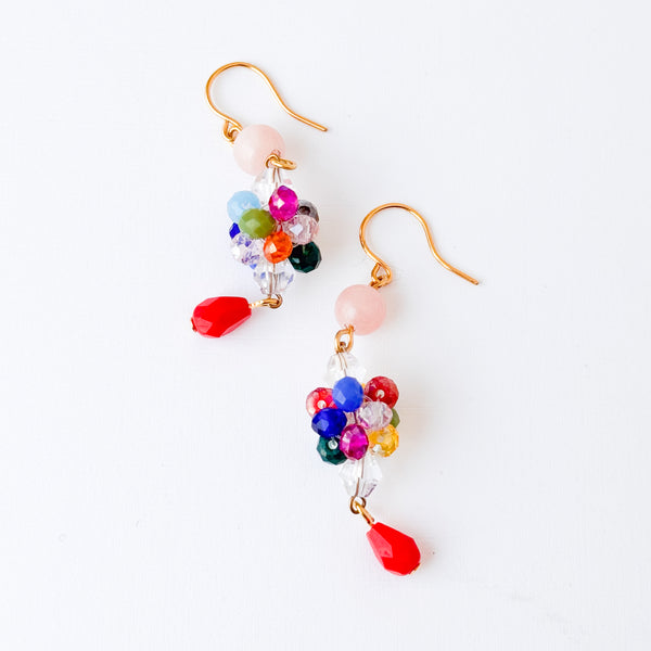Colorful Crystal Cluster Earrings With Pink And Red Beads