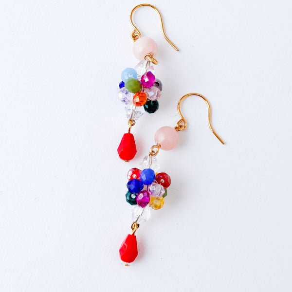 Colorful Crystal Cluster Earrings With Pink And Red Beads