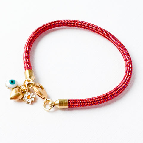 Travel Charm Paracord  Bracelet with Evil Eye, Daisy, and Heart Charms