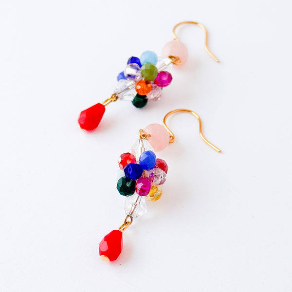 Colorful Crystal Cluster Earrings With Pink And Red Beads