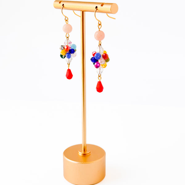 Colorful Crystal Cluster Earrings With Pink And Red Beads