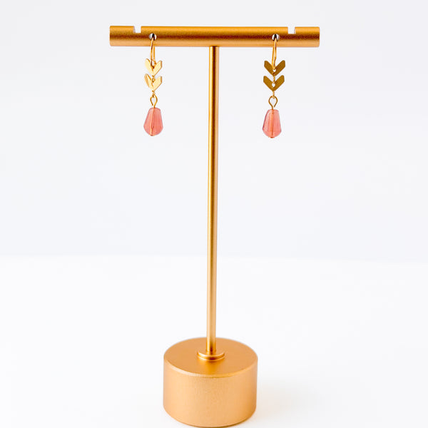 Tiny Gold Minimal Chevron Earrings With Pink Glass Drop