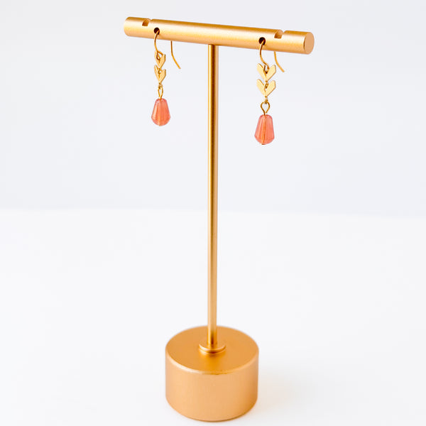 Tiny Gold Minimal Chevron Earrings With Pink Glass Drop