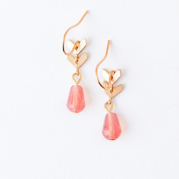 Tiny Gold Minimal Chevron Earrings With Pink Glass Drop