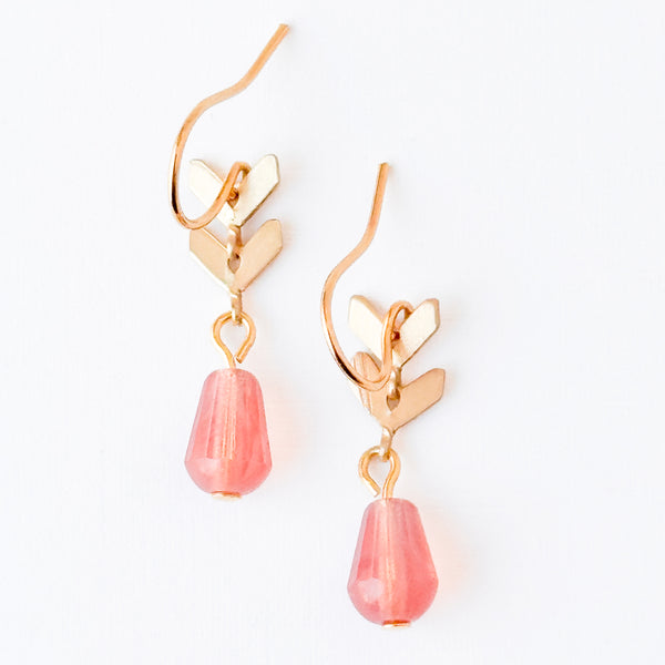 Tiny Gold Minimal Chevron Earrings With Pink Glass Drop