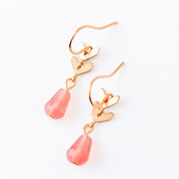 Tiny Gold Minimal Chevron Earrings With Pink Glass Drop