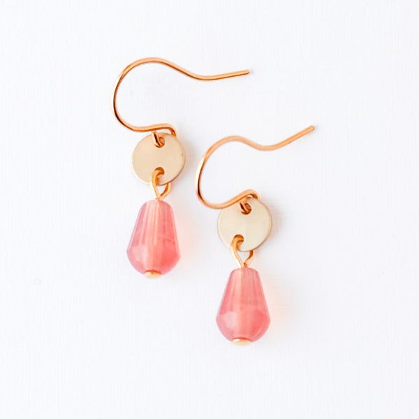 Gold Disc Earrings Pink Glass Drop Tiny Dainty Minimal