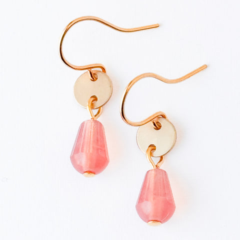 Gold Disc Earrings Pink Glass Drop Tiny Dainty Minimal