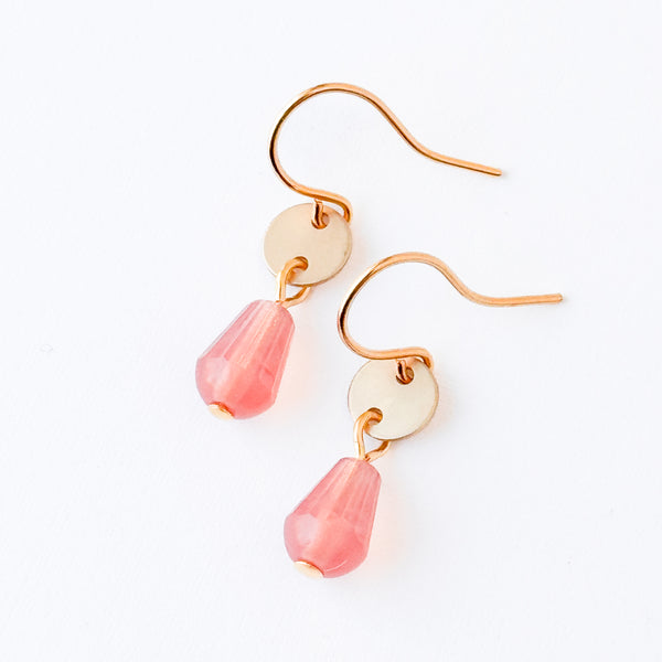 Gold Disc Earrings Pink Glass Drop Tiny Dainty Minimal