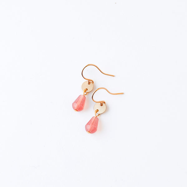 Gold Disc Earrings Pink Glass Drop Tiny Dainty Minimal