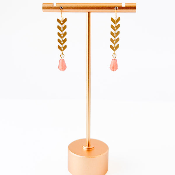Gold Chevron Drop Earrings Pink Glass Bead Long Dangle