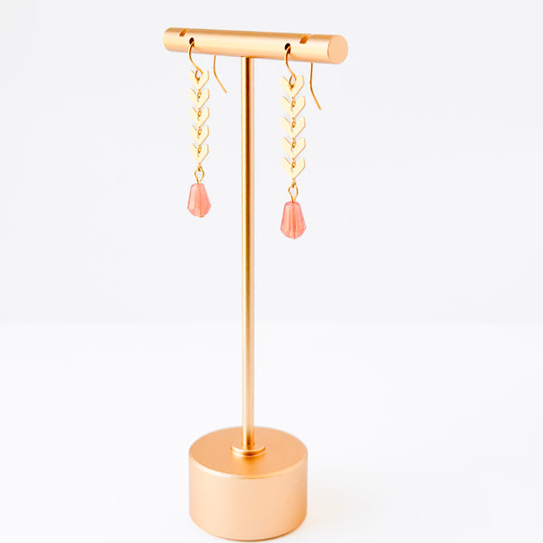 Gold Chevron Drop Earrings Pink Glass Bead Long Dangle