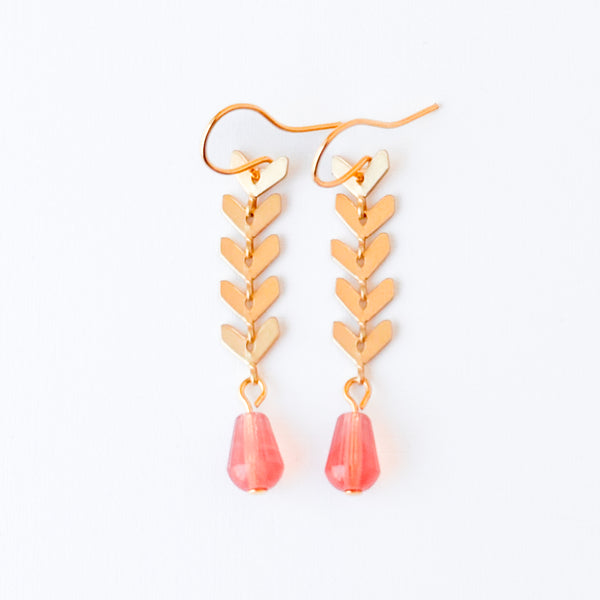 Gold Chevron Drop Earrings Pink Glass Bead Long Dangle