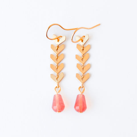 Gold Chevron Drop Earrings Pink Glass Bead Long Dangle