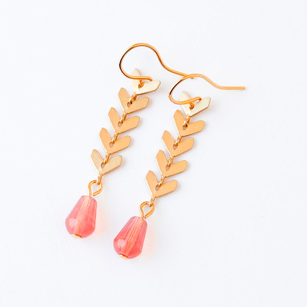 Gold Chevron Drop Earrings Pink Glass Bead Long Dangle