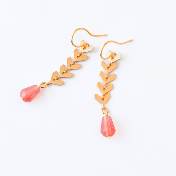 Gold Chevron Drop Earrings Pink Glass Bead Long Dangle