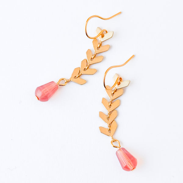 Gold Chevron Drop Earrings Pink Glass Bead Long Dangle