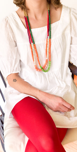 Very Long Beaded Statement Necklace Color Block
