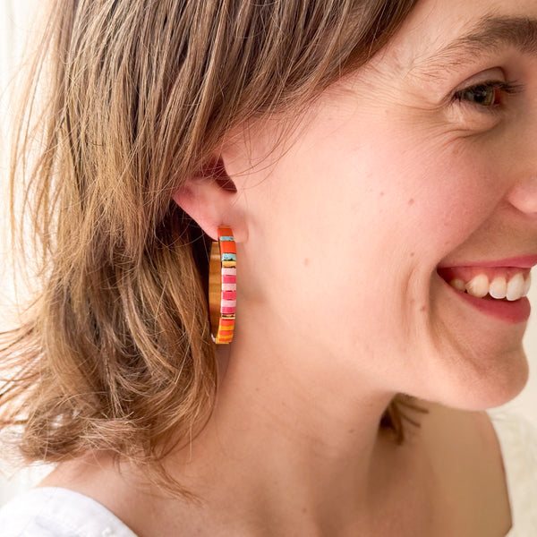 Big Turquoise Tila Bead Hoop Earrings, Gold-Plated, Handmade, Statement