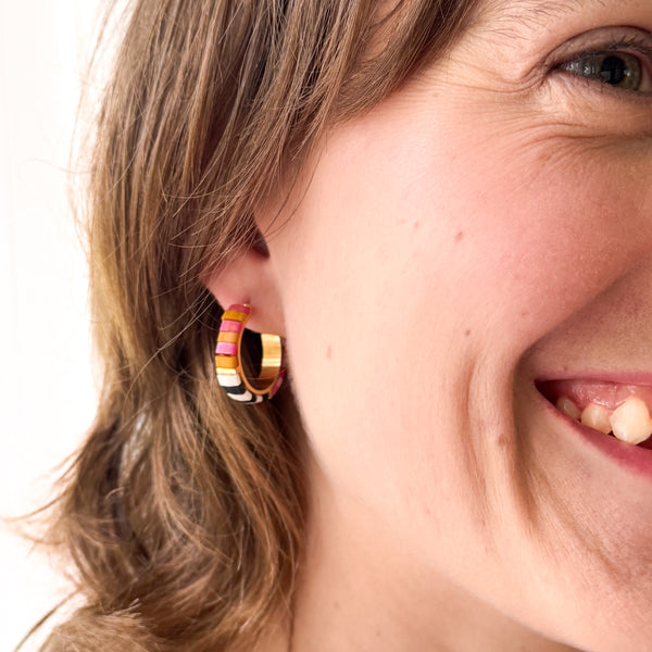 Small B&W Tila Bead Hoop Earrings Gold-Plated, Handmade
