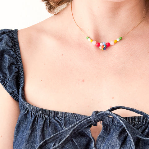 Colorful Crystal Beaded Necklace Gold Chain Spring Jewelry- Green
