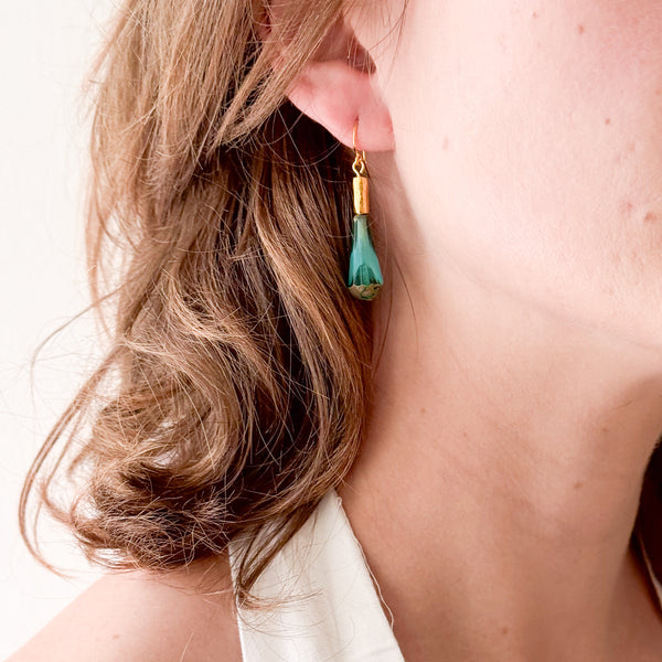 Long Czech Glass Teardrop Earrings with Antiqued Gold Accent