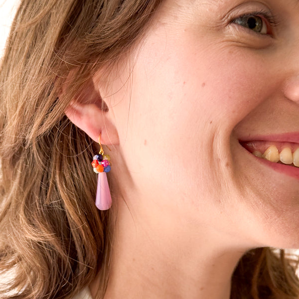 Glass Drop Earrings with Colorful Crystal Cluster Accents