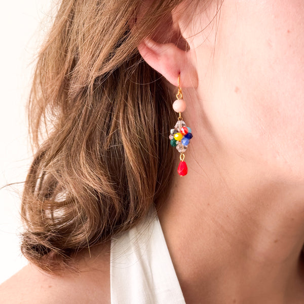 Colorful Crystal Cluster Earrings With Pink And Red Beads