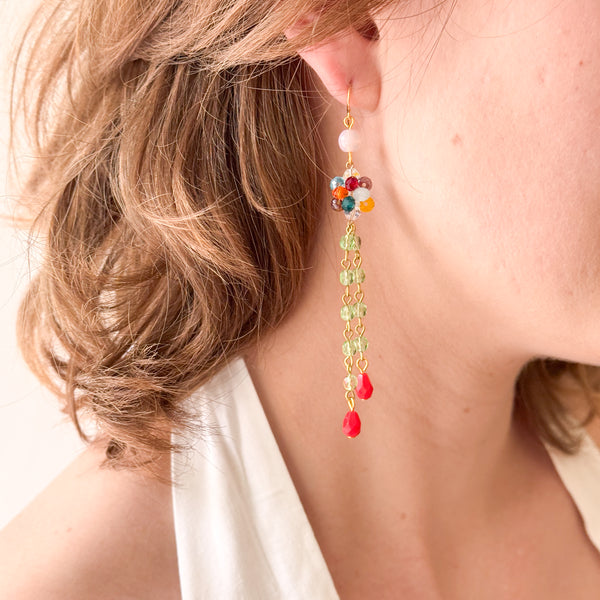 Long Colorful Crystal Cluster Earrings Green Chain and Red Drops