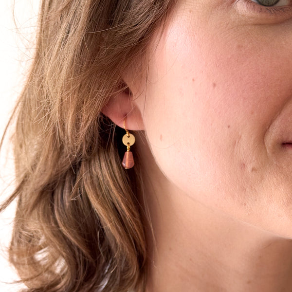 Gold Disc Earrings Pink Glass Drop Tiny Dainty Minimal