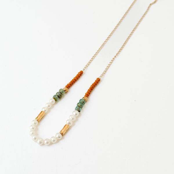 Dainty Pearl Necklace With Touches Of Gold And Aqua Beads