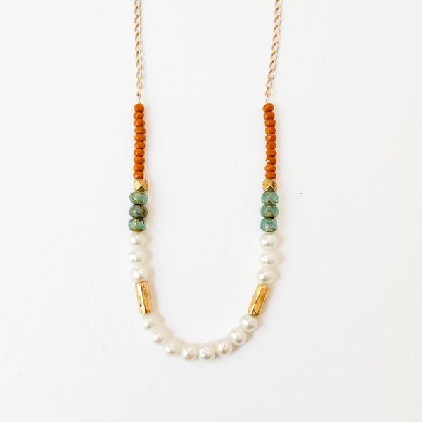 Dainty Pearl Necklace With Touches Of Gold And Aqua Beads